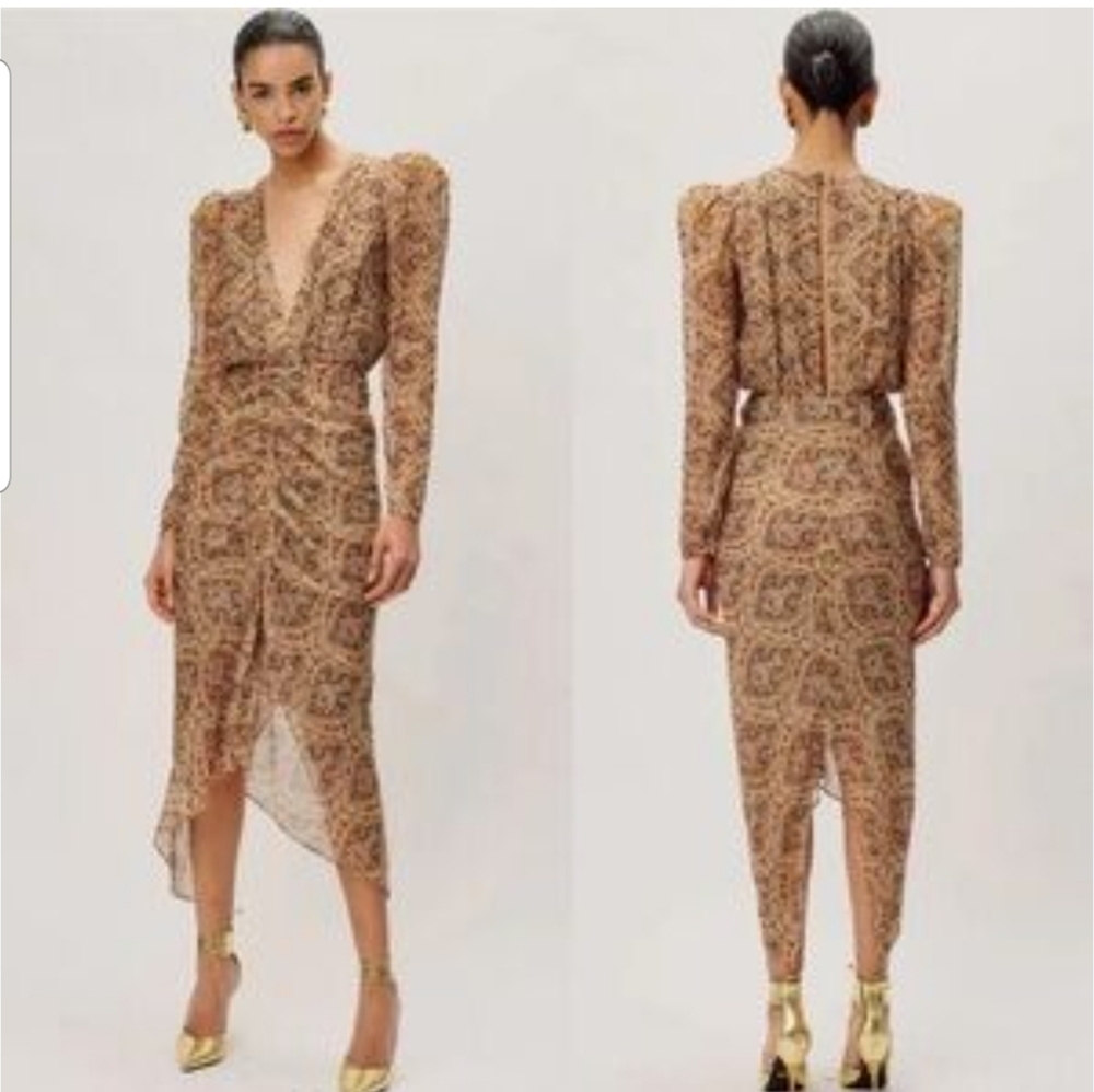 Ronny Kobo Astrid Paisley Ruched Silk Midi Cocktail Dress Size XL Multicolored